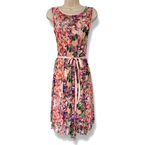 ILE Floral Print Mesh Fit & Flare Ruffle Hem Dress with Tie Size 16 Summer Party - Picture 1 of 6